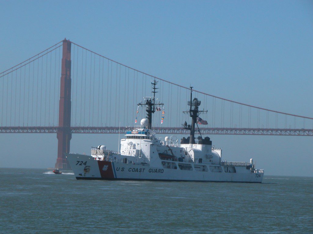 Coast Guard Ship in Parade of Ships sailing under Golden Gate Bridge in San Francisco during Fleet Week SF – © LoveToEatAndTravel.com