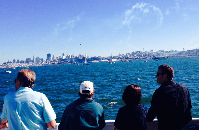 View of San Francisco skyline and Blue Angels Air Show while cruising San Francisco Bay during Fleet Week – © LoveToEatAndTravel.com
