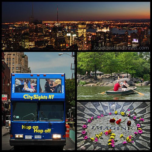 View of Manhattan skyline, NYC Bus Tour, Central Park Lake and Imagine Mosaic at Strawberry Fields – © LoveToEatAndTravel.com