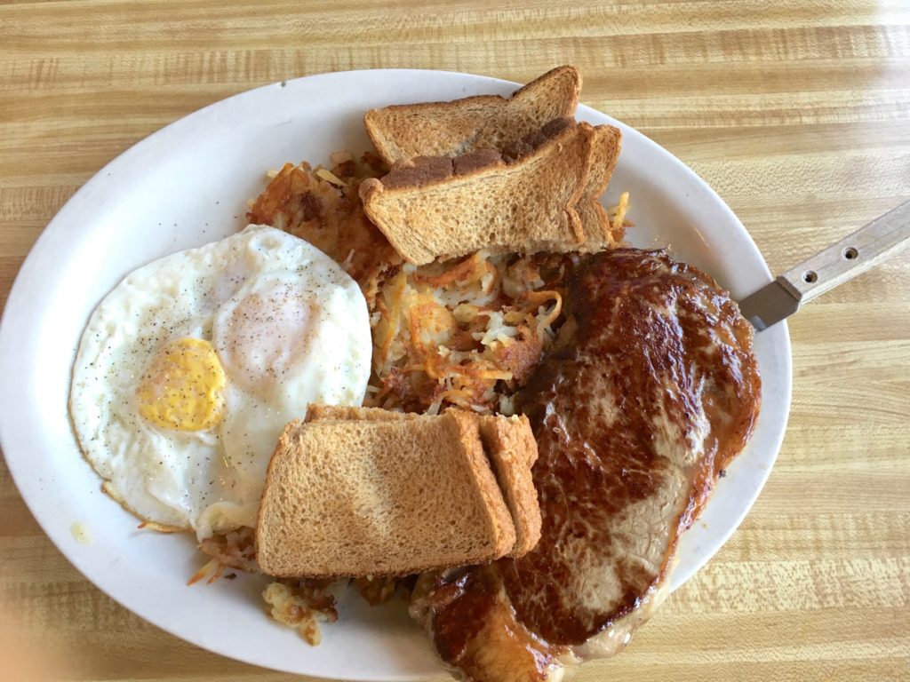 NY Steak & Eggs with crispy Hash Browns and wheat toast at Hwy 92 Cafe – © LoveToEatAndTravel.com
