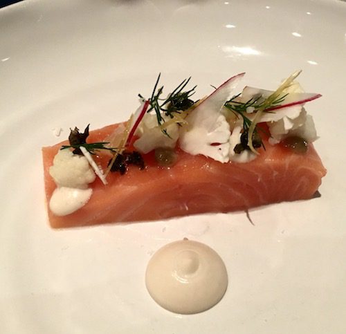 Hay Smoked Loch Duarte Salmon, Cauliflower, Lemon, Radish appetizer at The Dower Restaurant at The Royal Crescent Hotel & Spa in Bath, UK - photo © Love to Eat and Travel