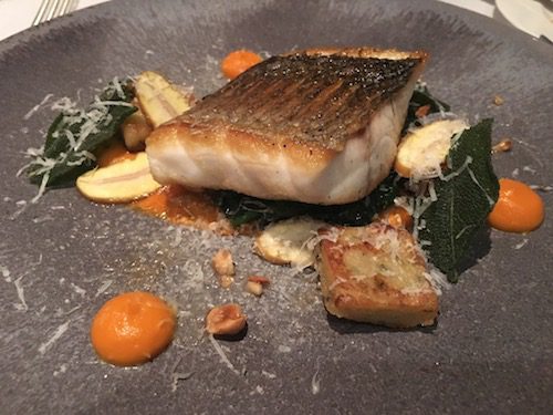 Wild Bass, Pumpkin, Parmesan, Sage and Pepper Gnocchi, Chestnut entree at The Dower Restaurant at The Royal Crescent Hotel & Spa in Bath, UK - photo © Love to Eat and Travel