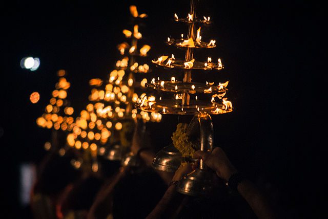 Aarti lamps at the banks of holy Ganges in Rishikesh - photo by Sujay25