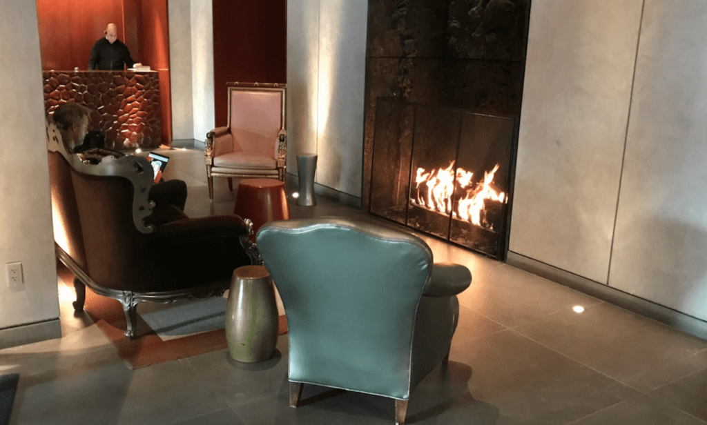 Relax in front of the 35-ft fireplace in the Clift lobby - photo © LoveToEatAndTravel.com