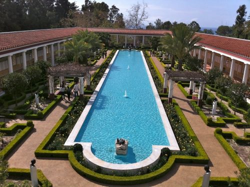 View of Outer Peristyle Garden and Relecting Pool from 2nd floor balcony - Getty Villa, Malibu
