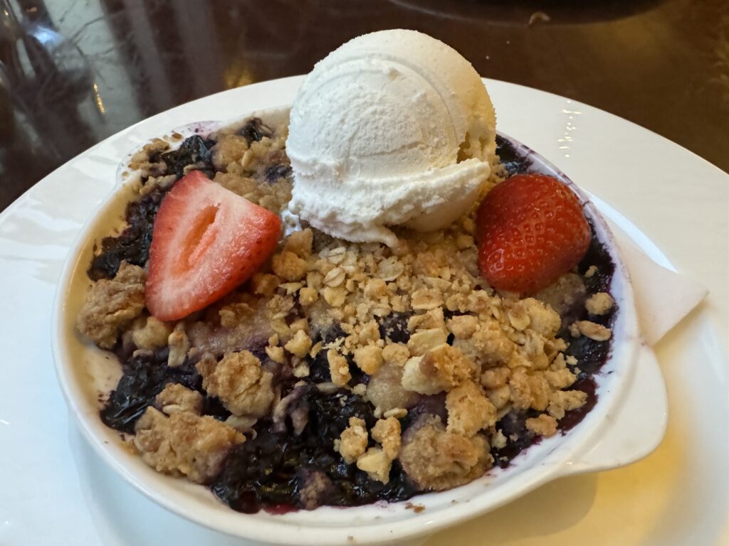 Blueberry Crumble with Vanilla Bean Gelato dessert at Nob Hill Club at InterContinental Mark Hopkins San Francisco - © lovetoeatandtravel.com