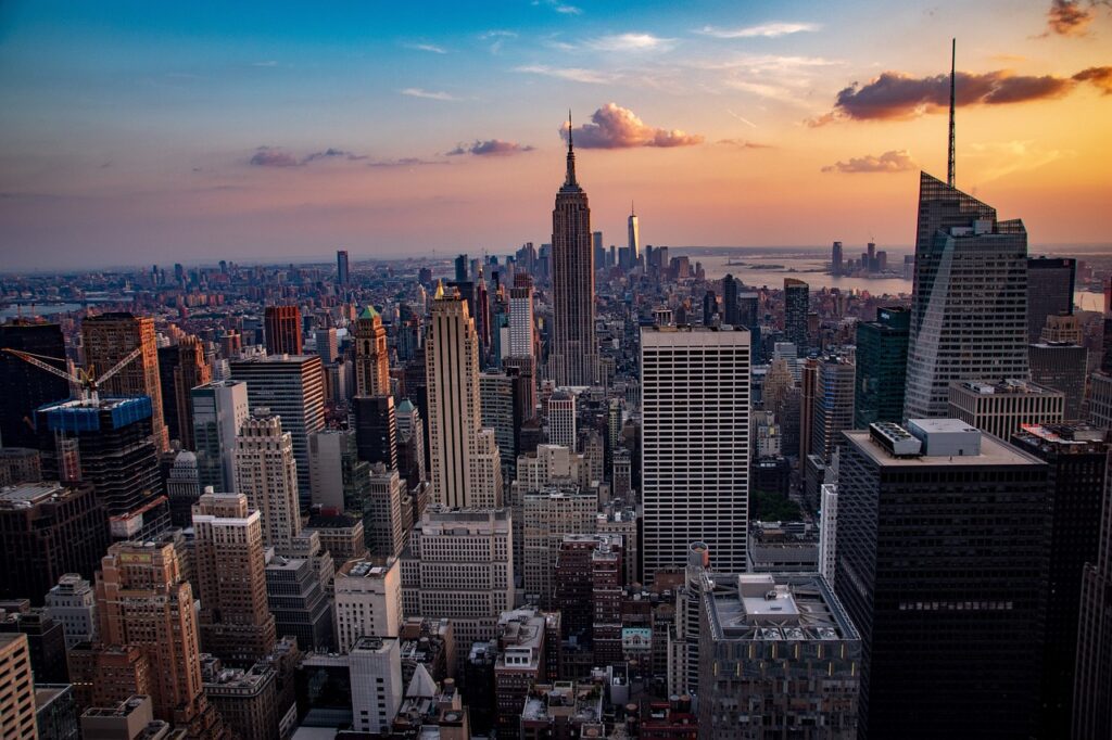 New York City skyline at sunset